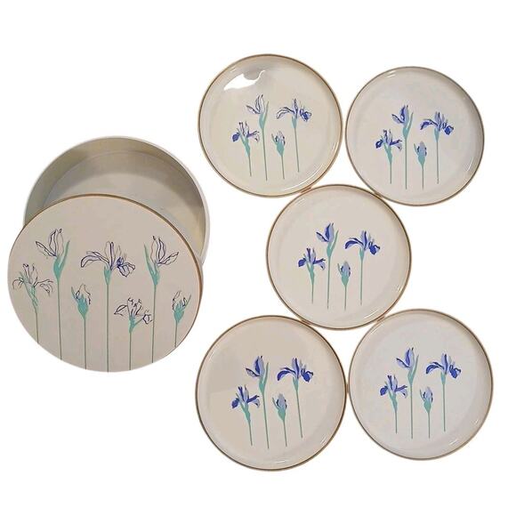 Otagiri Blue Iris Rhapsody Lacquerware Coasters Set of 5 in Container w/Lid 4"W - Picture 2 of 6